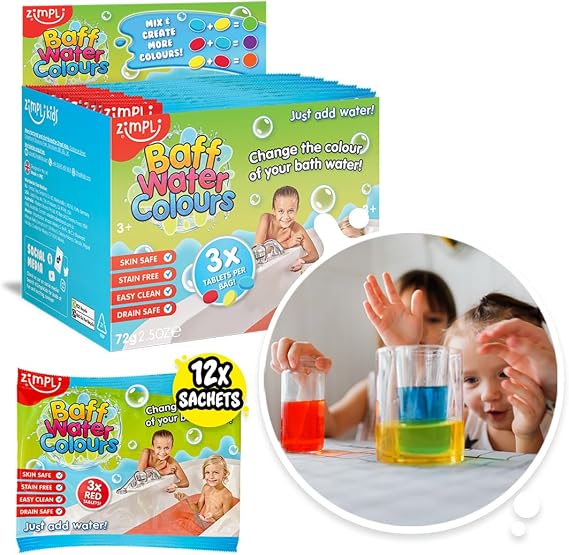 ZIMPLI 12 x Baff Water Colour Tablets, 35 Total uses, Bath Toy Drops, Party Bag Fillers, Favours, Birthday Gift for Kids, Sensory Toy