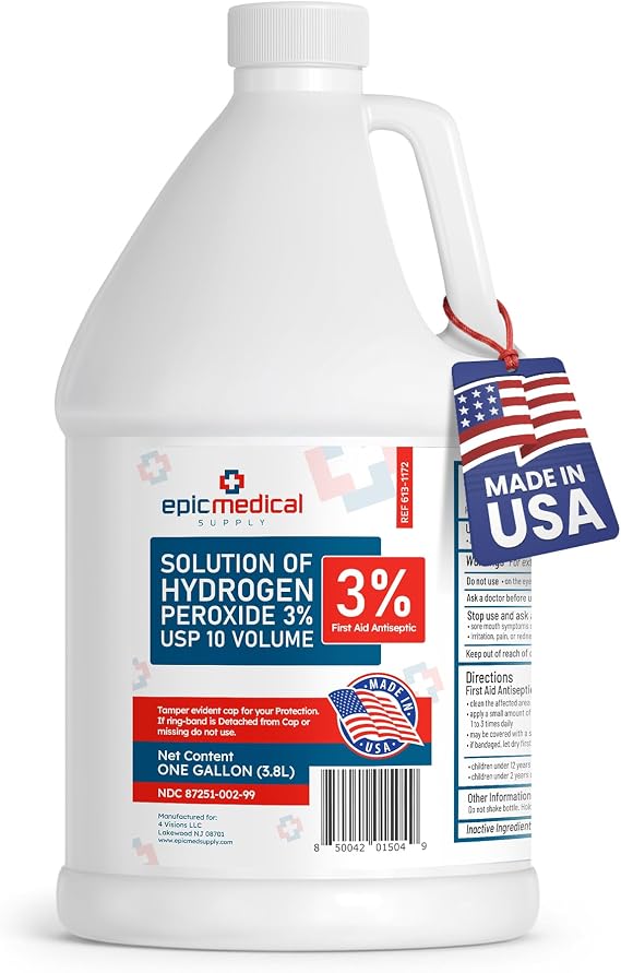 Epic Medical Supply 3% Hydrogen Peroxide - First Aid Antiseptic & Multipurpose Cleaner - Topical Wash for Cuts, Scrapes and Minor Cuts - H2O2 Hydrogen Peroxide 3 Percent USP Solution (1 Gallon)