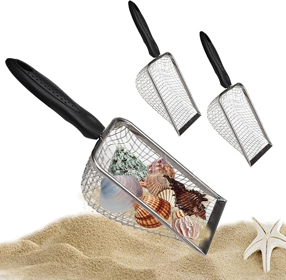 2 Pcs Stainless Steel Beach Mesh Shovel, Metal Shark Tooth Sifter, Black Handle Reptile Sand Scoop Scooper Beach Shell Collecting Tool for Sifting Picking Up Sea Creatures Cat Litter