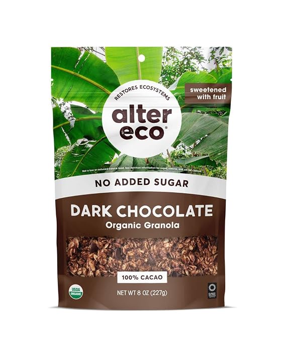 Alter Eco Dark Chocolate Granola, Healthy, Organic Breakfast & Snack, Naturally Sweetened with Fruit, Vegan, No Artificial Sugars or Additives, Regeneratively-Farmed Oats (Dark Chocolate - 1 Pack)
