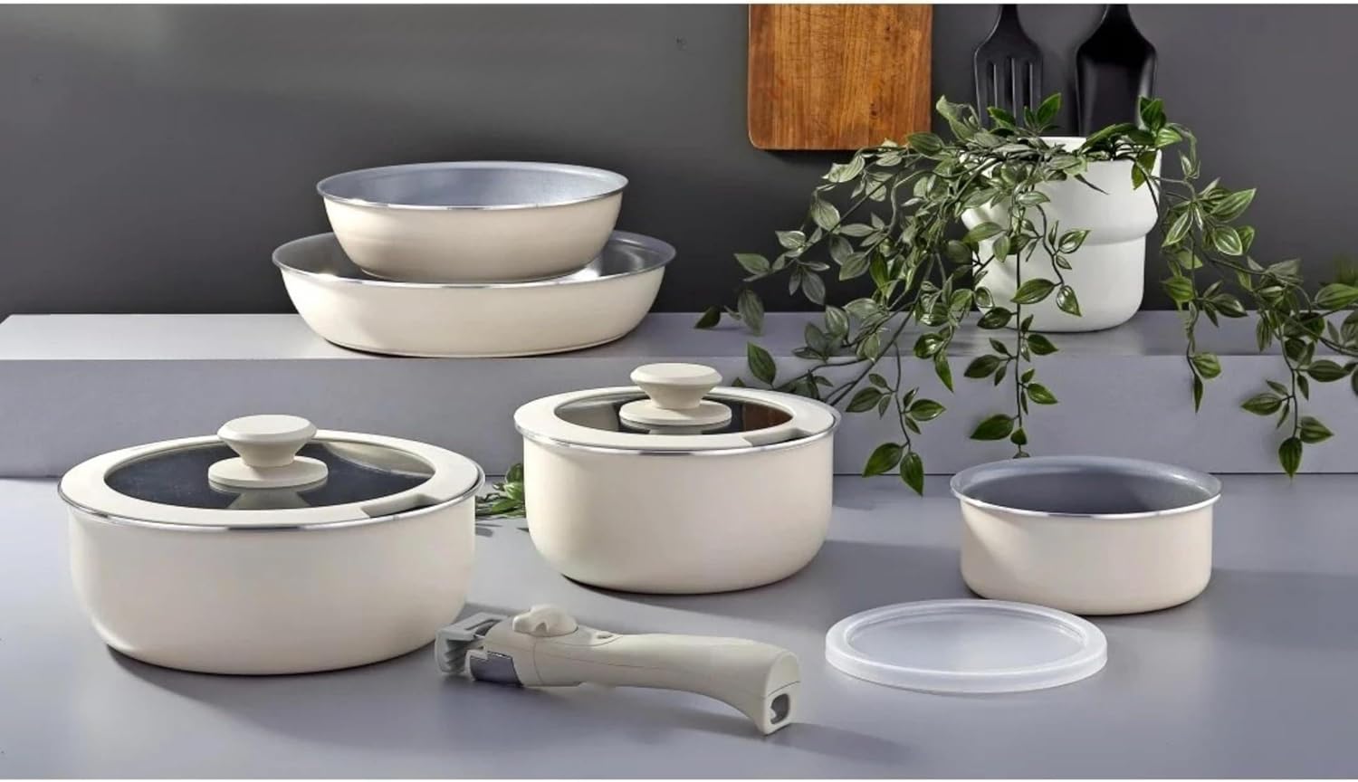 9 Piece Granite Coated Pots And Pans Set Insert Insertable Cook Store Beige With Removable Handle