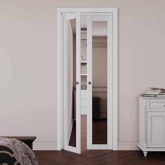 White 1 Lite Mirror Pivot Door, 30" x 80"