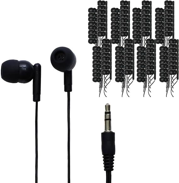 Avid Disposable Earbuds AE-215 Stereo Rubber Tip Bulk Earbuds, Black (100 Pack)