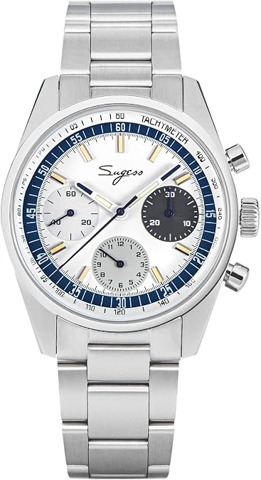 Sugess Seagull ST1902 Panda 38mm White Blue Chronograph Domed Sapphire 1963 Bracelet and Canvas, SU442005