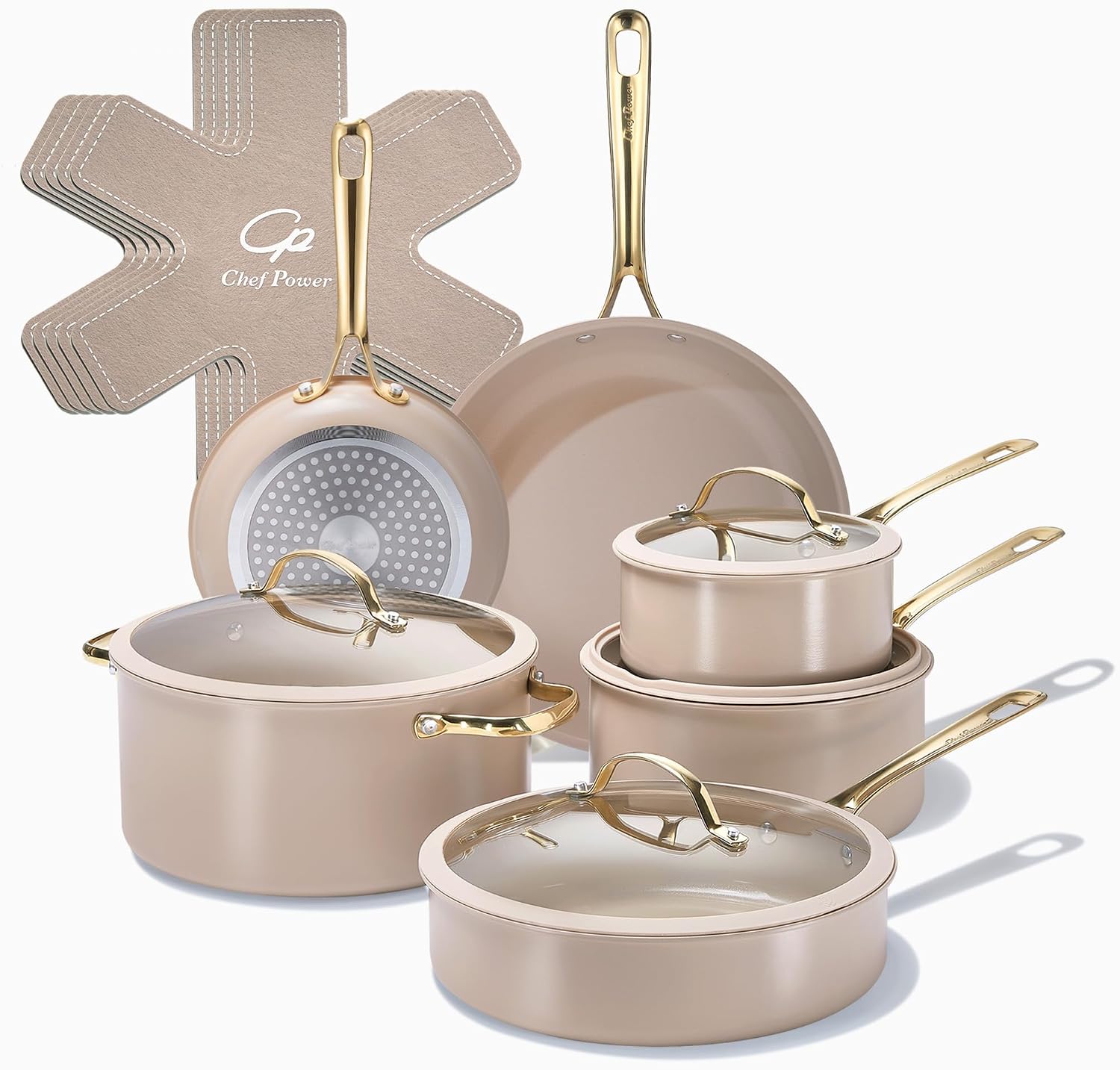 Chef Power Ceramic Cookware Sets, 15Pcs Pots and Pans Set Non Stick, Cookware Set with Stainless Steel Handle, Dishware & Oven Safe, Taupe and Light Gold Handle