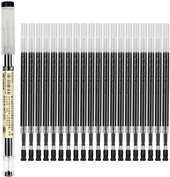 Gel Ink Pen Refills Rods 0.35mm Ultra Fine Black Quick-Drying Gelpen Ballpoint for Finance Marker Pens School Office Exam Supplies Student Writing Drawing Stationery(1 Pc Pen+20 Pc Refill) (Black)