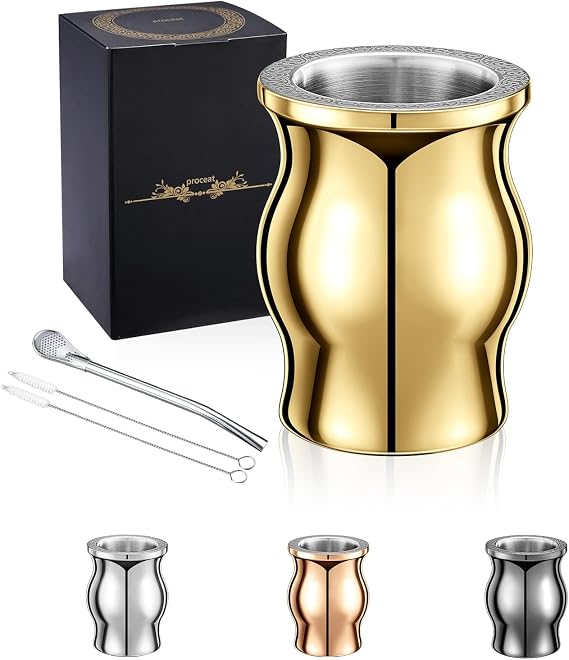 Yerba Mate Cup, Mate Gourd Includes Mate Cup Stainless Steel, Bombilla(Mate Straw), Brush | Yerba Mate Gourd - 8.5 oz, Highly Polished | Yerba Mate Cup Set Mate Tea Cups | (Gold)