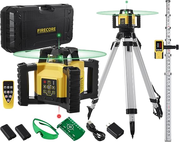Firecore 水平/垂直ロータリーレーザーキット セルフレベリング Frl300g 三脚 グレードロッド レシーバー 電池2個 キャリーケース アクセサリー