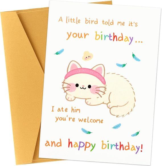 Funny White Cat Birthday Card, Cute Greeting Card for Cat Owner Cat Lover Cat Mom Cat Dad, Cute Cat Happy Birthday Card, A Little Bird Told Me It Is Your Birthday