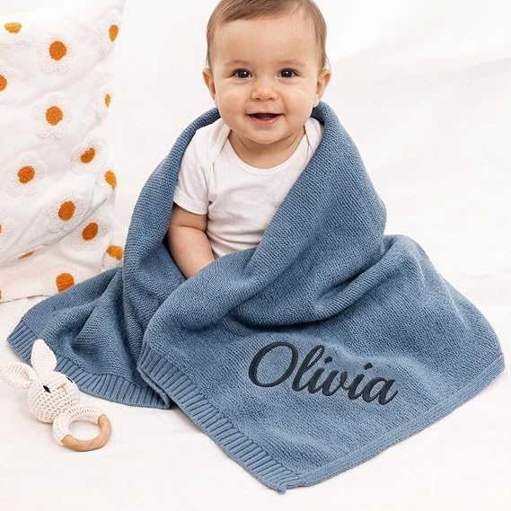 Personalized Baby Blanket with Custom Embroidery Name, Soft Knit Swaddle Stroller Blankets for Newborn Boys and Girls, Custom Nursery Bedding Throw, Unique