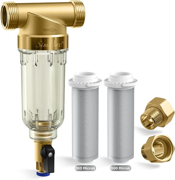 SimPure 100/500 Micron Spin Down Sediment Filter, Reusable Whole House Sediment Water Filter, City/Well Water Prefiltration System, 1" MNPT + 3/4" FNPT + 3/4" MNPT, BPA Free