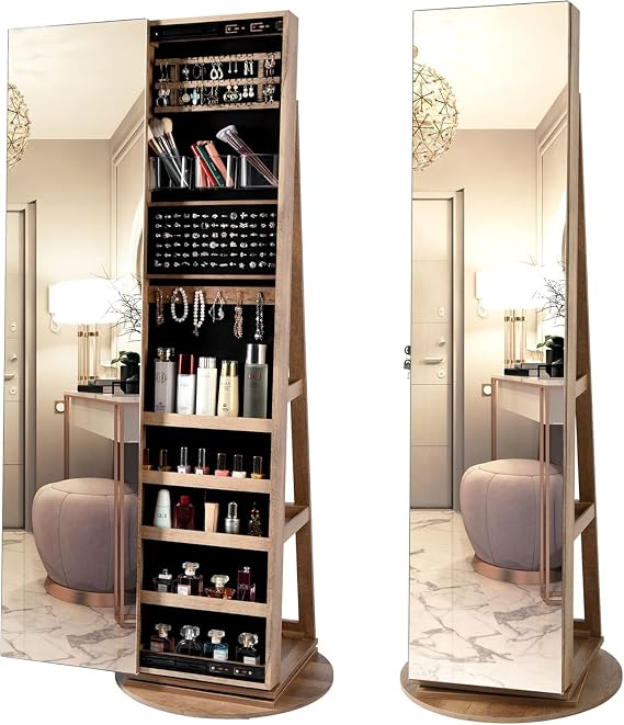 LVSOMT 360 Swivel Jewelry Cabinet with Full Length Mirror, 63" Large Standing Jewelry Organizer Armoire, Lockable Mirror with Jewelry Storage, Floor Mirror, Rear Storage Shelves | 360 Swivel Mirror with Jewelry Storage, Lockable Jewelry Armoire Organizer with 3 Rear Shelves for Bedroom, Gift for Women