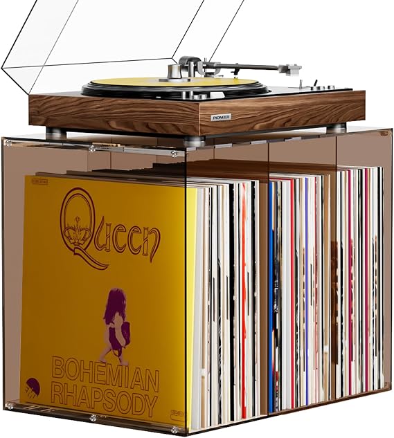 Bikoney Vinyl Record Storage,Stackable Cube Acrylic Vinyl Record Holder,Tabletop Record Player Stand,Vinyl Holder & Album Storage Box Crate Bin, Warm Amber