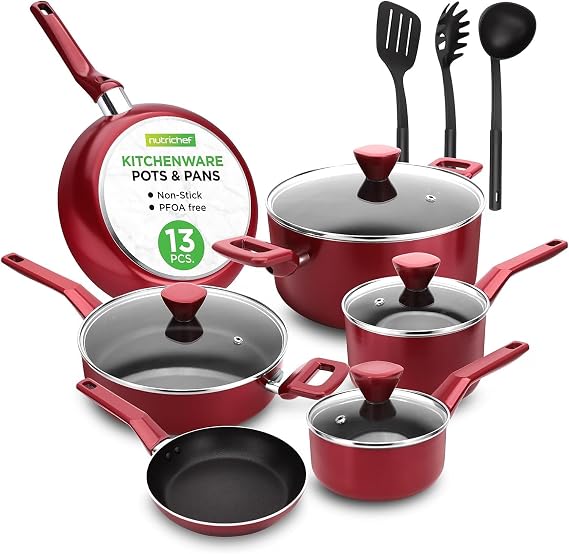 NutriChef 13 Piece Non Stick Pots and Pans Set Red Cooking Pot and Pan Set with Lids, Saucepan and Frying Pans, PFOA Free, Heat Resistant Handles, Gas and Electric Safe, Not Induction Compatible