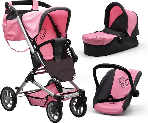 Baby Doll Convertible Stroller 3 in 1 Bassinet and Rear Facing Seat Buggy Foldable Toy Pram for Girls Toddlers Kids Swiveling Wheels Travel System Carriage Combo