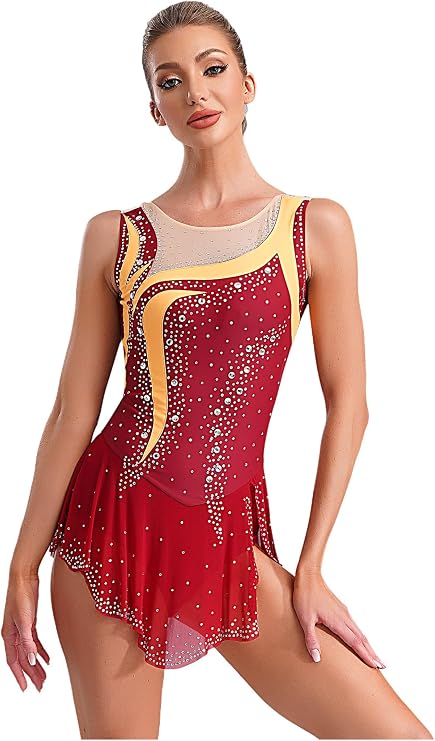 Women Rhythmic Gymnastics Competition Leotard Sleeveless Rhinestones Figure Skating Dress