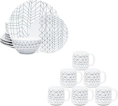 Bzyoo Spidy Ceramic Collection: 12 Piece Ceramic Dinnerware Set Serive for 4 Porcelain Plates and Bowls  14oz Coffee Mug Set of 6 - Tea Cups with Handle