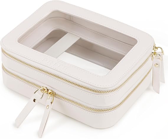 Prite Large Clear Makeup Bag with Gift Box Double Sided Cosmetic Case Two Layer Travel Toiletry Bag with Zippers and Compartment (Beige)