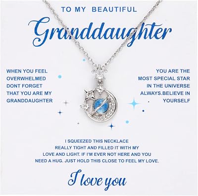 Harlermoon To My Beautiful Granddaughter Necklace Cubic-Zirconia Moon and Star Necklace For Granddaughter Birthday Graduation Gift