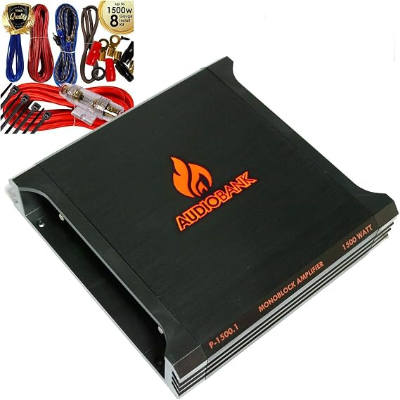 Audiobank P1500.1 1500 Watt 2-Ohm Stable 2 Channel Bridgeable & TRI-Mode Operation Stereo Amplifier + Complete 1500 Watts 8 Gauge Car Amplifier Installation Wiring Kit