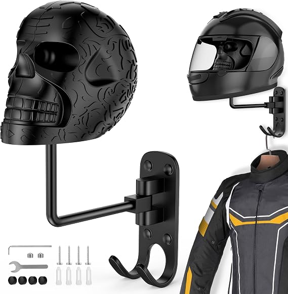 Skull Motorcycle Helmet Holder, Helmet Rack Wall Mount 180Rotation, Metal Crafts, Skull Shape Helmet Stand with Double Hook for Football /Bicycle Helmet, Hat, Cap, Coat, Motorcycle Accessories