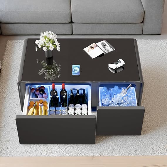 Smart Coffee Table with Fridge and Bluetooth, LT90 Upgraded-Black