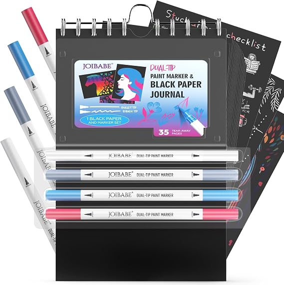 Black Paper Sketchbook Set:5.5" x 8.5" 100GSM Aicd-free 35 Sheets Black Paper Sketchbook & 4 Dual-tip Acrylic Marker Set for Drawing, Sketching, Journaling