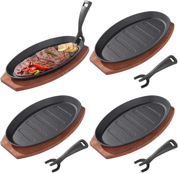 4 Sets Cast Iron Skillet with Wooden Tray, Fajita Skillet with Removable Handle, Oval Sizzling Plate for BBQ, Oven, Stove, Serving Dish for Restaurant, Kitchen, Party Use