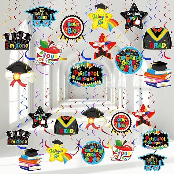 Yisong 46 Pieces Preschool Graduate Party Decorations Kindergarten Graduation Party Congrats Hanging Swirl for Pre Elementary Celebration Class of 2026 Ceremony School Party Supplies(Black)