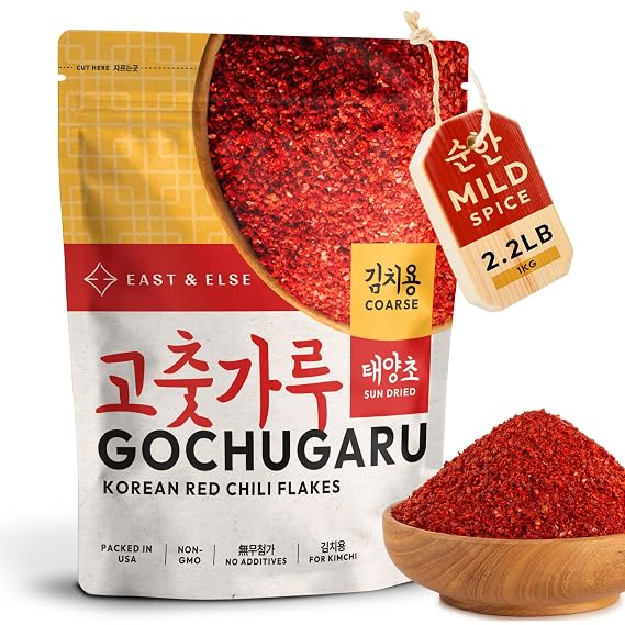 East and Else Gochugaru, Korean Red Chili Pepper Flakes, Coarse Grind for Kimchi, 2.2 LB (1Kg) Bulk Resealable Bag, Premium 100% Sun-Dried Chili Powder for Stews, Chili Oil, and Asian Cooking
