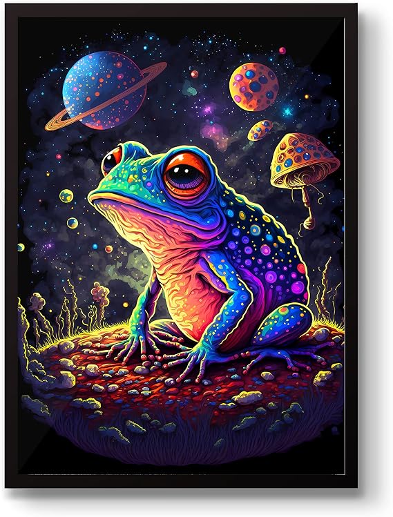 Psychedelic Space Frog Art, Sci-Fi Cosmic Poster, Planet Space Wall Art, Cosmos Stars Nebula Print, NASA Home Decor, Gift idea, Archival Matte, A3 (Framed) - 42x29.7cm