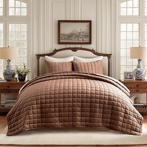 EverGrace Box Stitch Pearl Velvet Quilt Set, Queen Size, Terracotta Clay