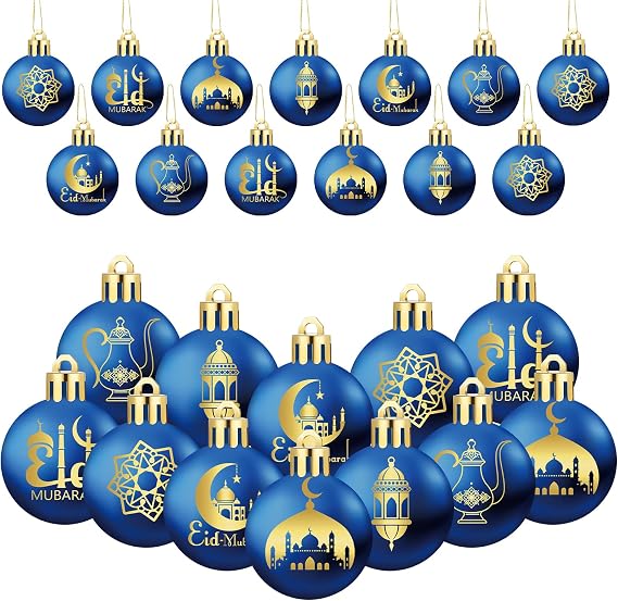Bememo 24 Pcs Ramadan Ornaments for Tree Eid Al Adha Decoration 1.57 Inches Plastic Ramadan Hanging Ornaments Islamic Moon Star Bulbs Eid Decor for Holiday Tree Party Decorations(Blue and Gold)