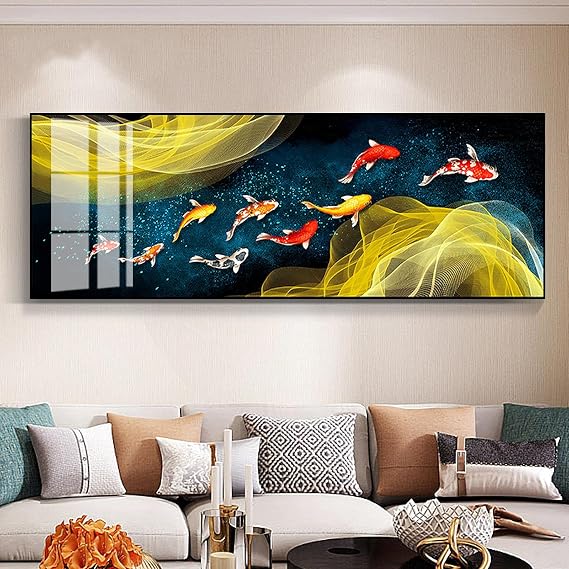 HOLEILUCK Big Size Wall Decorative Painting On Canvas Chinese Style Koi Poster Nine Fish Illustration Feng Shui Carp Lotus Decor 85x170cm(34x68in) Withframe