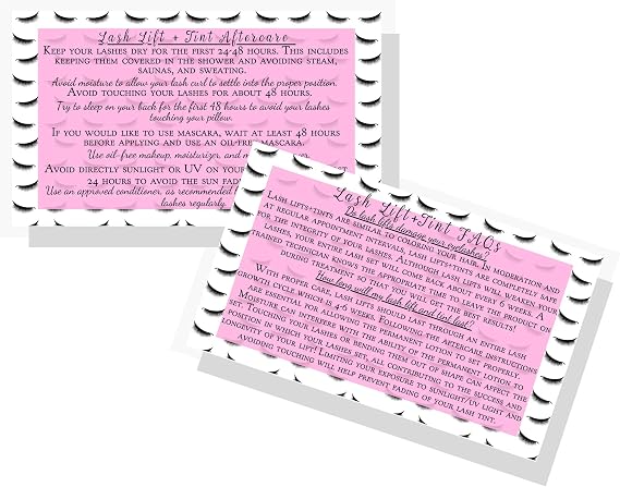 Lash Lift + Tint Aftercare Instruction Cards | 50 Pack | 2 x 3.5 inches Business Card Size | Eyelash Lift and Tint Kit at home diy aftercare supplies | Lash Print with Pink Inlay Design