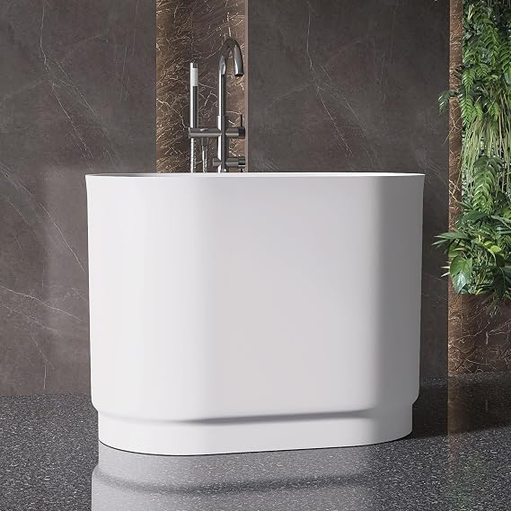 39" Stone Resin Janpanese Freestanding Soaking Tub with Seat | Deep Free Standing Tub, Freestanding Bathtub, Toe-tap Chrome Right Drain, Slotted Overflow, cUPC Certified, Matte White