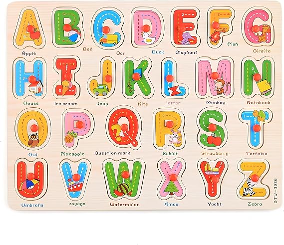 Alphabet Puzzle Wooden Puzzles for Toddlers 3+ Year Old, ABC Puzzle Shape Alphabet Learning Puzzles Toys with Puzzle Board & Letter Blocks, Preschool Education Puzzle for Girls and Boys, Large