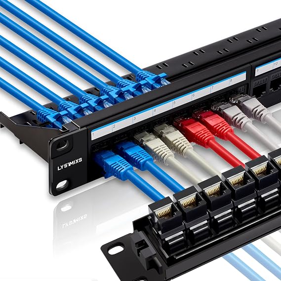 24 Port RJ45 Patch Panel Cat6 Feed Through, Coupler Network Panel 19 Inch, Inline Keystone Ethernet Patch Panel with Back Bar