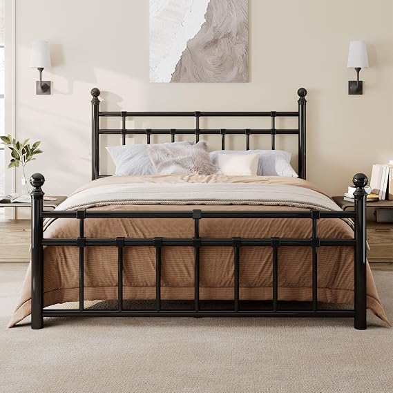 GalnFu Queen Size Metal Bed Frame, Queen Platform Bed with Classic Wrought Iron-Art Headboard and Footboard, 12" Underbed Space, No Box Spring Needed, Easy Assembly, Noise-Free, Black