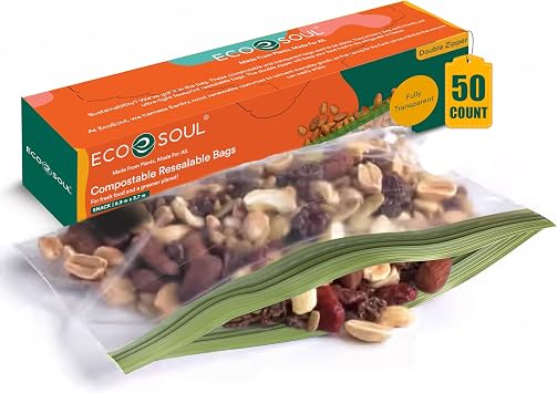 ECO SOUL 100% Compostable Snack Bags [50 Counts][3.34"x7"] Resealable Bags for Food, Freezer, Eco-friendly Zip, Reusable Biodegradable