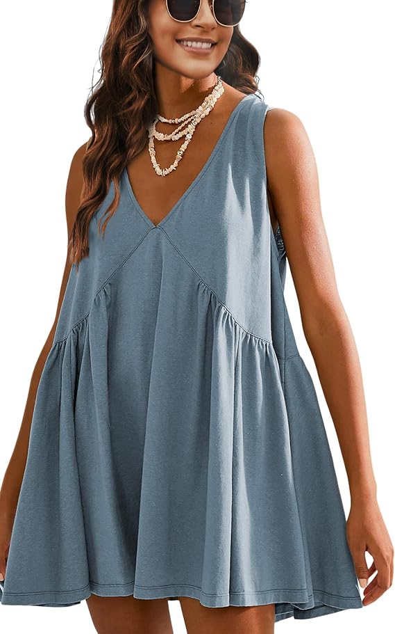 Athlisan Womens Summer Sleeveless Mini Dress Casual Loose V Neck Sundress with Pockets