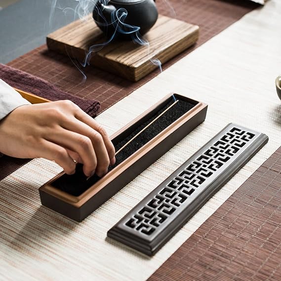 Rectangular Ceramic Incense Burner With Exquisite Lid Incense Stick Holder Stand Ash Catcher Tray Box With Fireproof Layer, Ornamental piece for Home, Office Décor Wooden 30CM