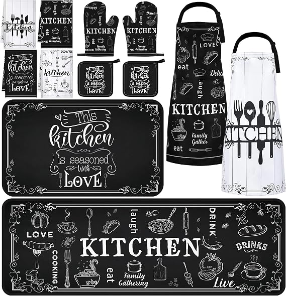 Fourluoo 12 Pcs Farmhouse Kitchen Decor Set Kitchen Towels Apron Oven Mitts Pot Holders Rugs for Housewarming Gift Cooking Baking BBQ