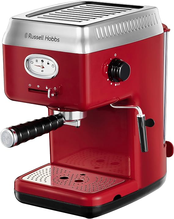 Russell Hobbs 28250-56 Espresso Coffee Machine, Retro Red Strainer, 15 Bar, 2 Cup Heads, 1.1 L Removable Water Tank, Steam Milk Foam, Portion Spoon, Red