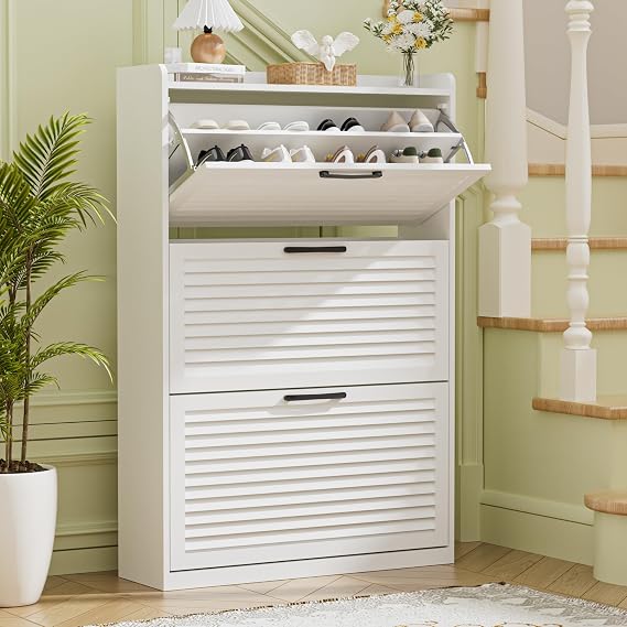 BonVache Shoe Storage Cabinet, Shoe Organizer Cabinet with 3 Flip Louvered Doors, Narrow Wooden Shoe Rack Cabinet with Adjustable Dividers For Hallway, Entreway, Living Room,White