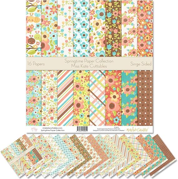Pattern Paper Pack - Springtime - Scrapbook Premium Specialty Paper Single-Sided 12"x12" Collection Includes 16 Sheets - by Miss Kate Cuttables