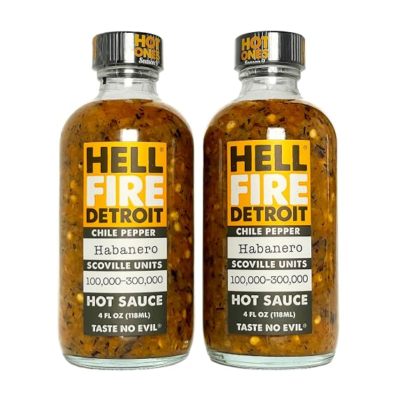 Hell Fire Detroit Habanero Hot Sauce (Extra-Hot), Crafted with Fresh, Fire-Roasted Habanero Chile Peppers, All-Natural, Vegan, Gluten-Free, Low Sodium 4 Fl Oz (Pack of 2)