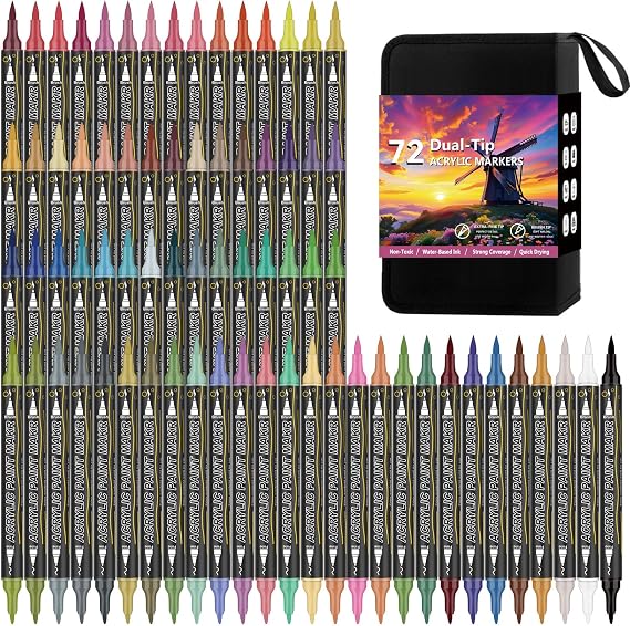 Dual Tip Acrylic Paint Markers 72 Colors, Fine & Brush for Rock Wood Glass | 72 Colors + 10 Nibs Acrylic Brush Markers, Water-Resistant Non-Toxic Quick-Dry, for Rock Wood Glass Canvas Ceramic Fabric