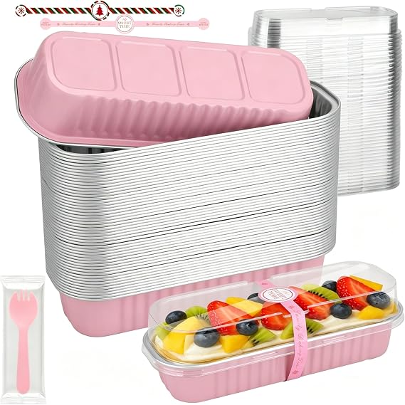 Mini Loaf Pans With Lids and Spoons, 50 PCS 6.8oz Mini Cake Pans for Baking, Aluminum Foil Loaf Pans, Small Aluminum Cake Tins, Cake Pans with Clear Lids,Sporks,Stickers(Pink)
