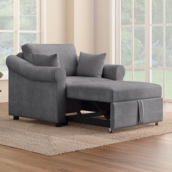 Merax Convertible Sleeper Chair with Adjustable Backrest and Pillows, 3-in-1 Chenille Lounge Chair to Single Bed, Living Room Accent Chair & Guest Bed, Dark Gray